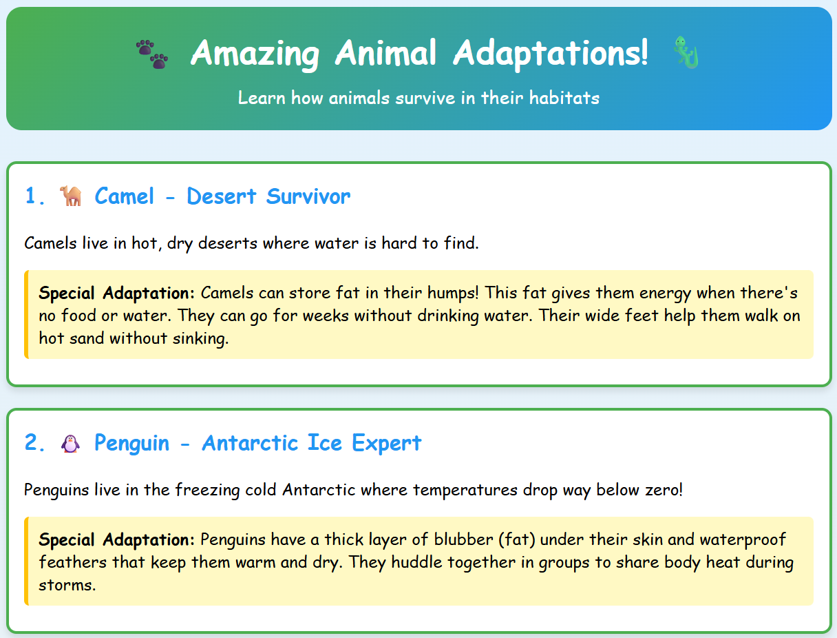 Animal Adaptations Worksheet